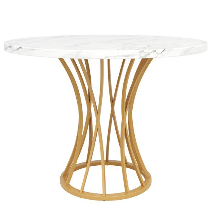 Table de salle à manger ronde - MUVOE - 80x80 cm - MDF marbré - Pieds dorés - 4 places