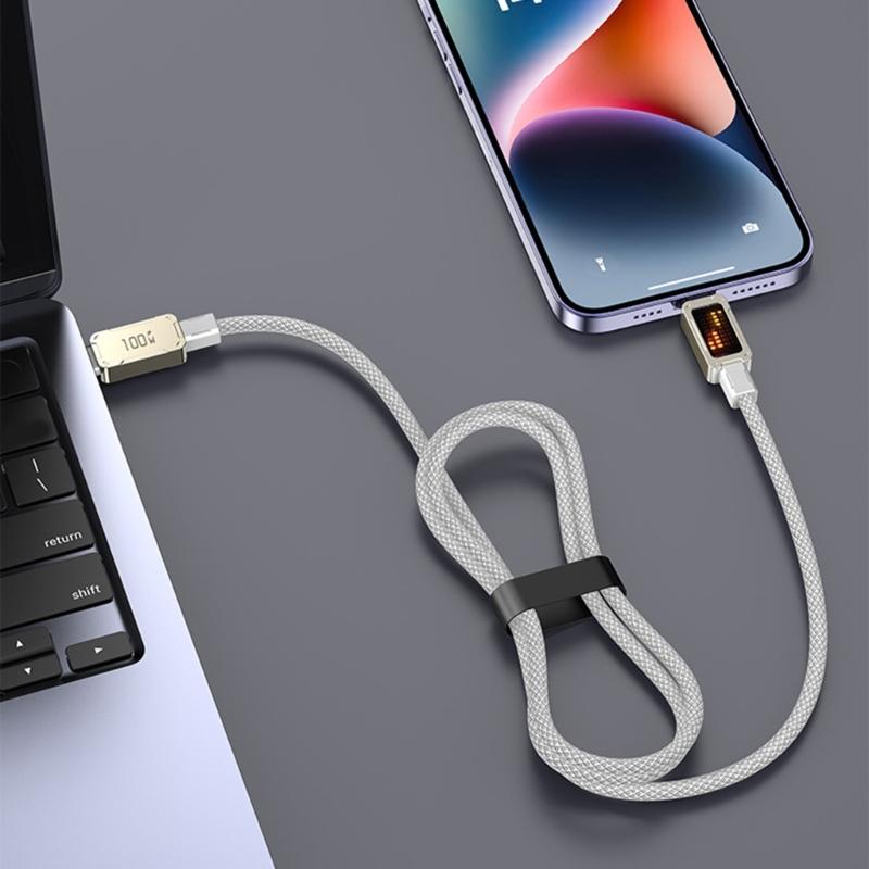 Прочный USB-C кабель из алюминиевого сплава, PD100W Быстрая зарядка и передача данных, с динамическими разноцветными светодиодными эффектами