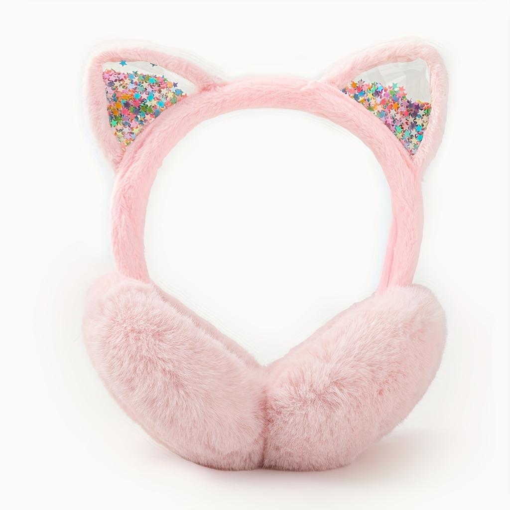 Cute Cat Ear Earmuffs for Teen Girls - Foldable Winter Ear Warmers, Sparkle Sequin Design, Solid Color, Polyester, Suitable for Ages 15+