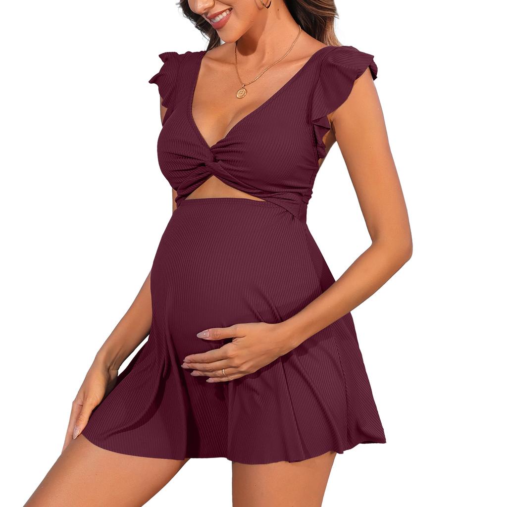 CHARMLEAKS Ruffle Ribbed Maternity Swimsuit One Piece Cutout Pregnancy Bathing Suits Push Up Twisted Swimwear Swim Dress