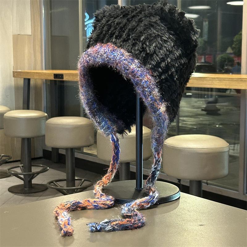 Cute Hat with Velvet and Thickening Autumn and Winter New Style with Face Cartoon Ears Cycling Hat Ear Protection Warm Hat for Women