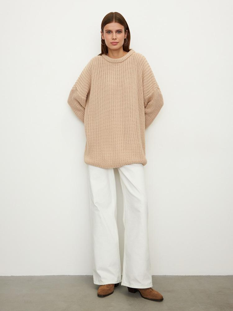 Пуловер с круглым вырезом, осенне-зимний свитер с рукавами-фонариками, вязаный свитер с ажурным узором, свободный повседневный свитер, удобная поддева, свитер с длинными рукавами