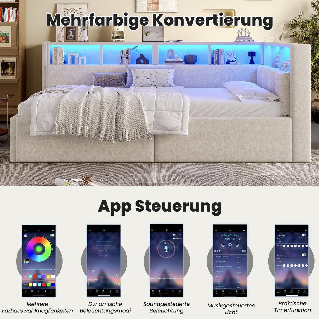 Daybed, Sofa Bed, 90 × 200 cm, USB + Type-C Ports, Hydraulic Storage, Storage Compartments, Multicolor LED Strip Lighting, No Mattress, Linen, Beige