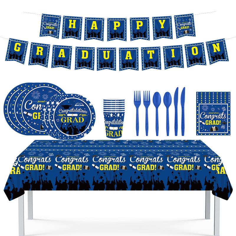 Pre-Sale Blue Graduation Season Disposable Paper Plate Set Paper Cup Paper Towel Tablecloth Party Decoration Supplies