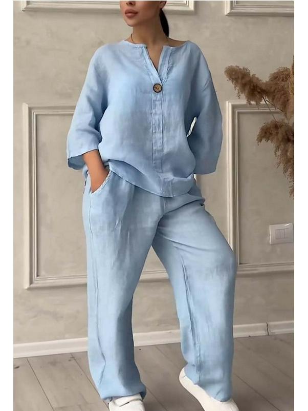 Женский комплект в стиле кросс-бордер, однотонный, из хлопка и льна, повседневный