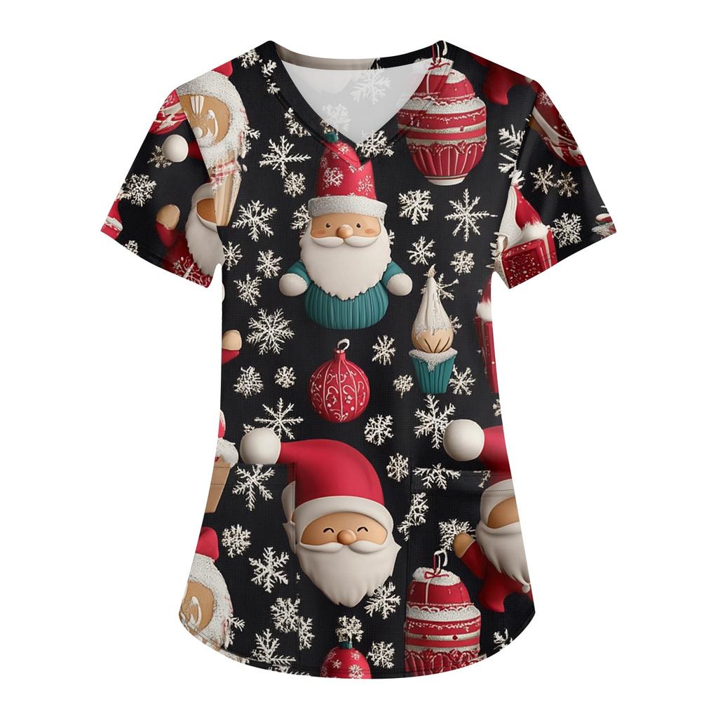 Women's Fashion V-neck Short Sleeve Workwear With Pockets Christmas Printed Tops