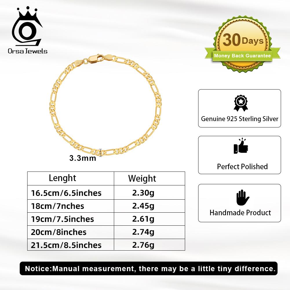 ORSA JEWELS 100% Серебро 925 Пробы Итальянский 3,3 мм Алмазная огранка Цепь Фигаро Браслет для Женщин Ручная работа Вечерние Украшения SB66