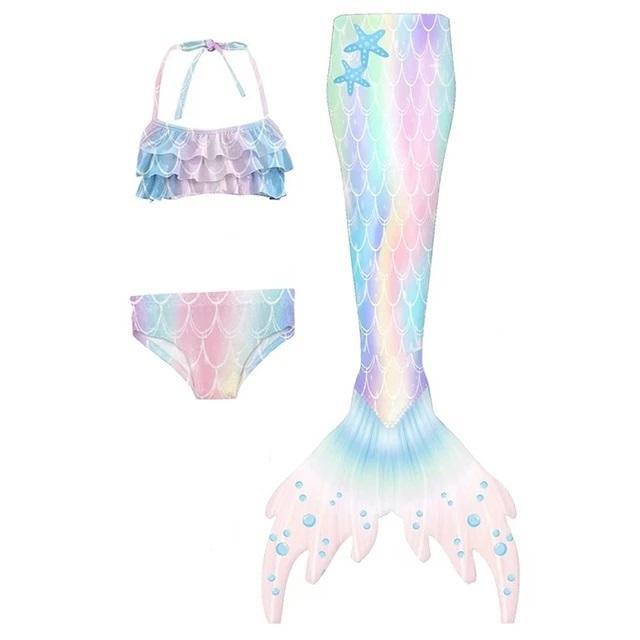 Купальник из 3 предметов для девочек, купальник с хвостом русалки для плавания, костюм принцессы русалки, комплект бикини для детей от 3 до 12 лет, лето 2024 г.