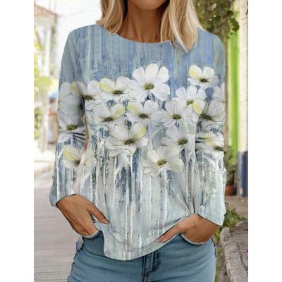 Модные женские футболки с 3D-принтом, цветочной графикой, длинным рукавом, круглым вырезом, стандартным кроем, весна/осень, тонкие рубашки в цветочек