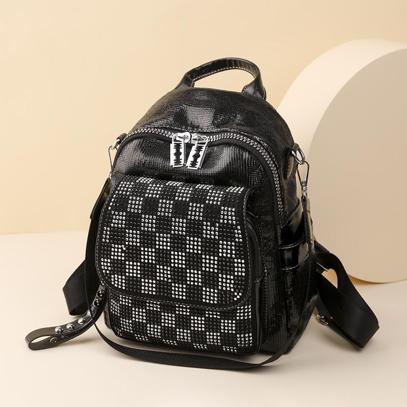 Women's Backpack Chessboard Rhinestone Bag Outdoor Leather Backpack