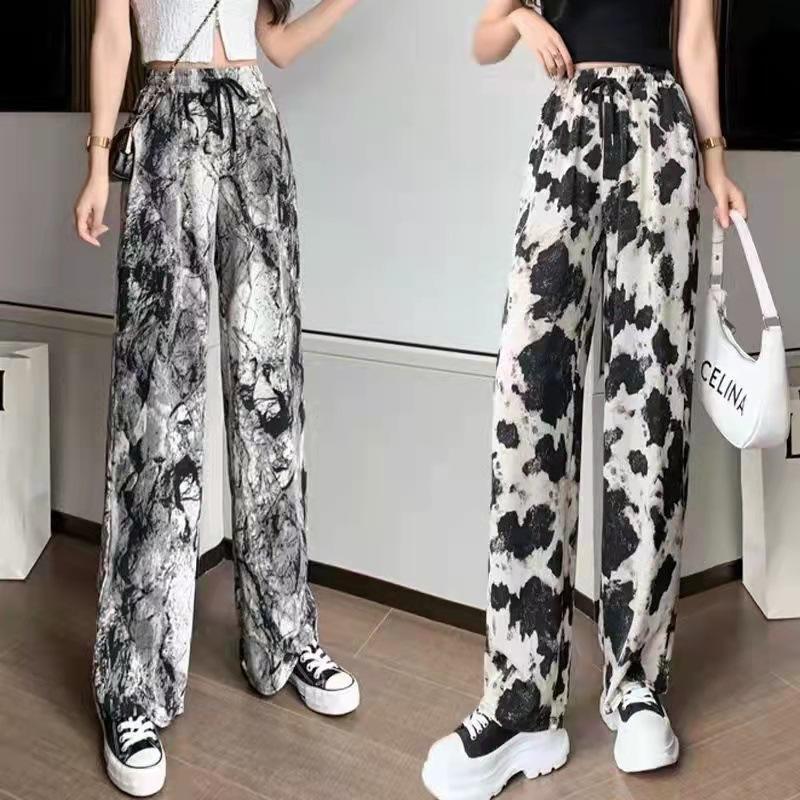 Ink Painting Tie Dye Pants Women's Summer Thin Ice Silk Ankle-Length Pants Straight Wide Leg Pants