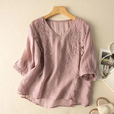 Летняя женская свободная однотонная хлопковая и льняная винтажная вышитая одежда Свободные и тонкие национальные хлопковые рубашки