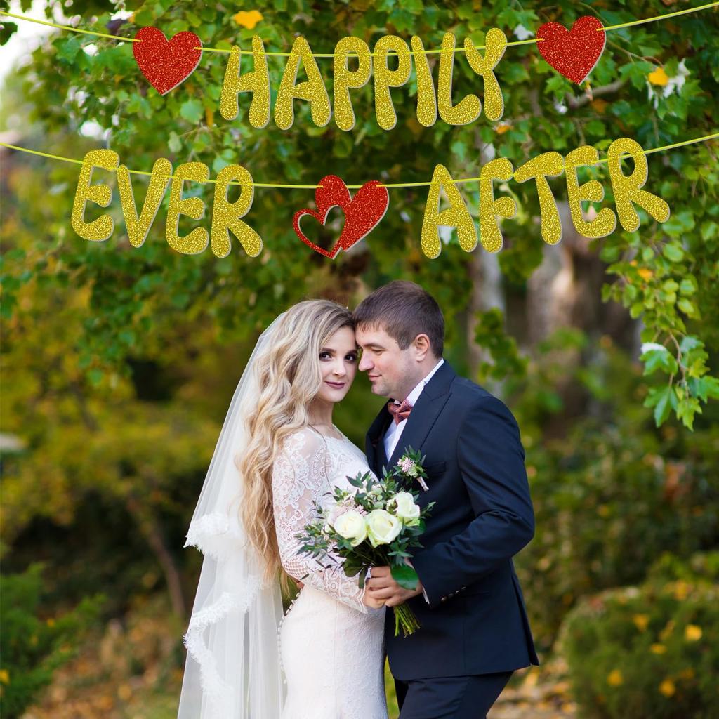 Happily Ever After Glitter Banner, NO-DIY,Bachelorette Wedding Party Banner Bridal Shower Banner Gold, Wedding Engagement Party Supplies
