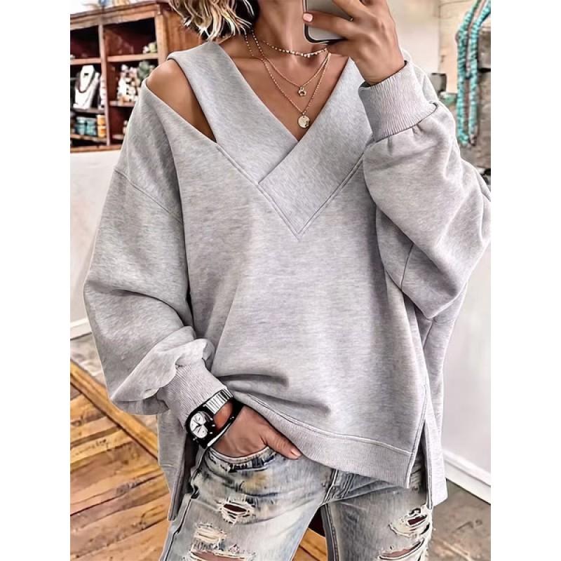 2026 Womens Solid Color Cross-Neck Long Sleeve Loose Hoodie Casual Top