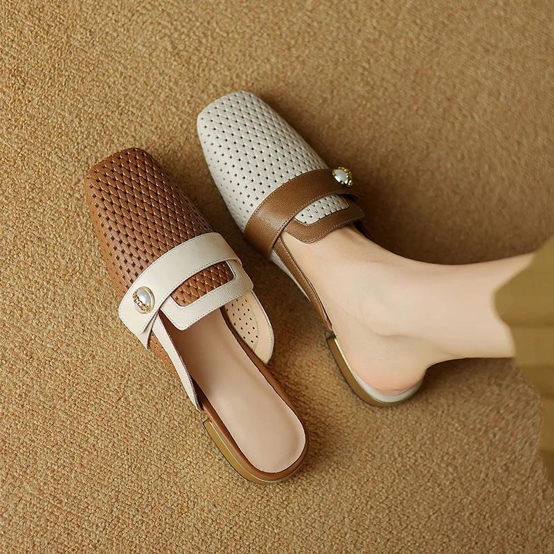 Модные сетчатые полые полутапочки женские 2024 новые летние квадратные носки на низком каблуке наружные мюли тапочки удобная женская обувь Zapatos De Mujer