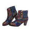 Large Size European And American Bohemian Women's Boots Ethnic Style Casual Retro Stitching High-heeled Short Leather Boots