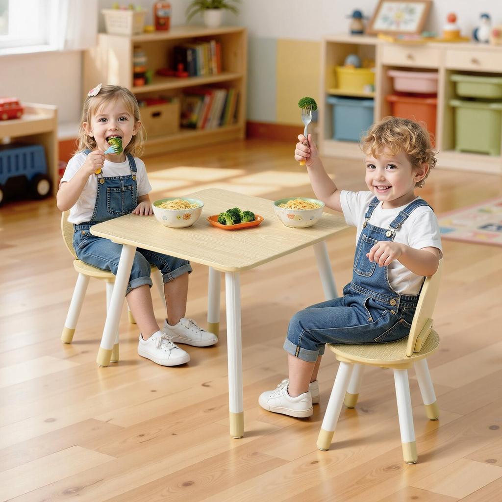 Kids Table and 2 Chairs Set, Toddler Table and Chair Set with Rounded Edge Design & Graffiti Desktop, Wooden Desk for Art, Craft, Reading, Learning,