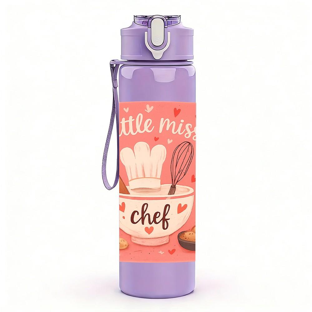1PC Little Miss Chef Pink Text Frame 750ml Color Plastic Sports Water Bottle Leakproof Flip Straw Lid Suitable for Sports Office Home Use