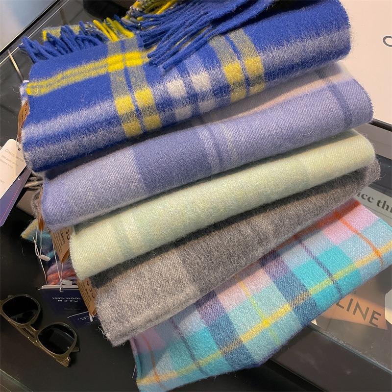 Scottish Pure Wool Green and White Plaid Scarf Women's Winter New British Plaid High-end Scarf