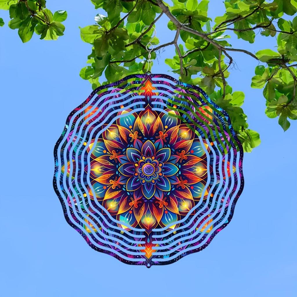 10-Inch Colorful Mandala Wind Spinner – 3D Laser-Cut Metal Art Decor, 360° Rotating Hook for Indoor/Outdoor Use – Vibrant Geometric Garden Spinner