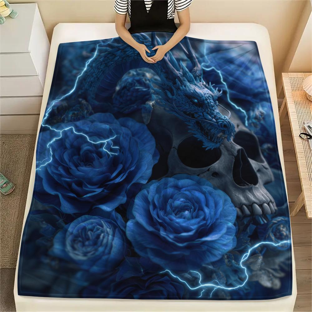 Rose Dragons Print Flannel Blanket, High quality Comfortable for All Seasons, Home Decor, Warmth and Comfort