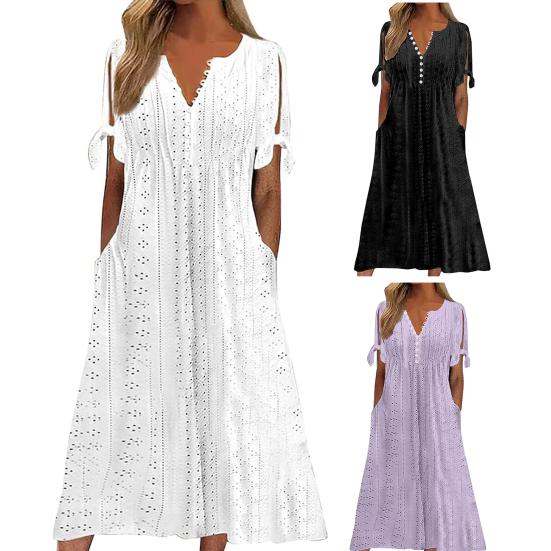 Женское летнее платье макси в стиле бохо с люверсами, пуговицами, V-образным вырезом, завязкой-узлом, коротким рукавом, летнее пляжное платье-сарафан для отдыха