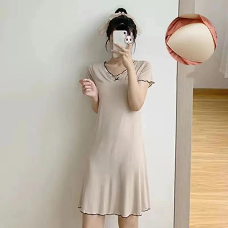 WTEMPO Ночная рубашка из модала с бюстгальтером, женская летняя тонкая свободная пижама с короткими рукавами, большие размеры, однотонная повседневная домашняя одежда