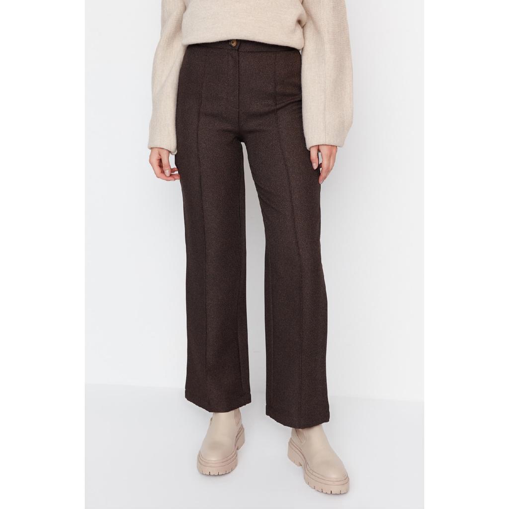 Brown High Waist Rib Detailed Wide Leg Woven Trousers Tctaw23tp00006