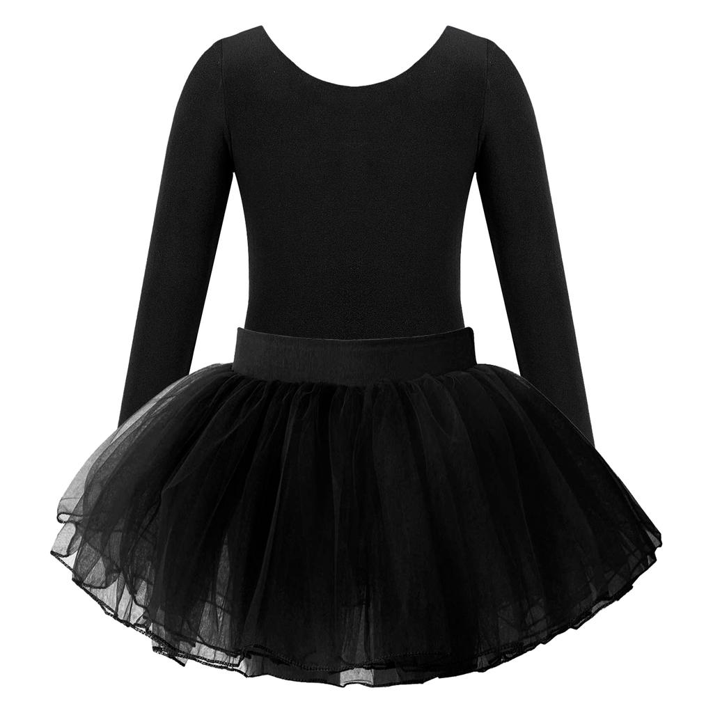 Girls Ballet Dance Wear Long Sleeve Round Neck Leotard Elastic Waist Tutu Layered Skirt Performance Outfit