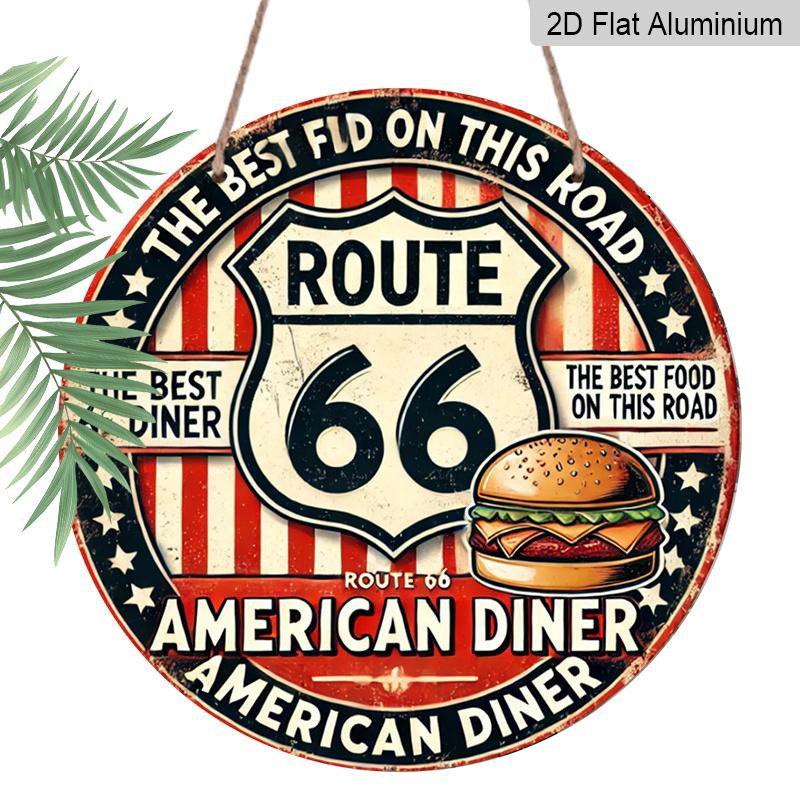 2D плоский 1 шт., 8x8 дюймов, Винтажная металлическая табличка Route 66 - Прочный алюминий, Американский ретро-декор для закусочной с классическим дизайном гамбургера, Идеально для дома