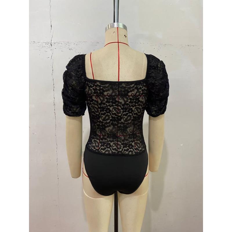 Женские ретро романтичные сексуальные кружевные боди с глубоким V-образным вырезом, однотонные, с пышными рукавами