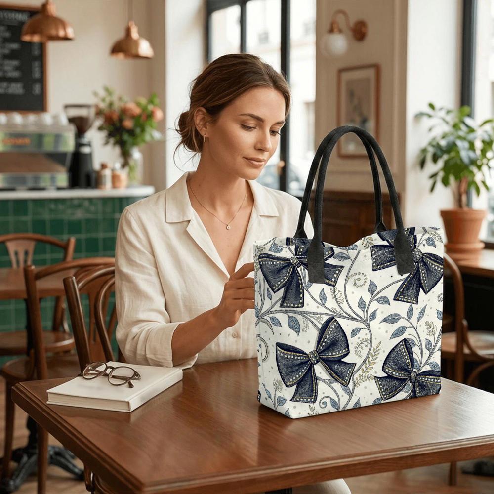 Elegant Bow Print Canvas Tote Bag Large Capacity Shoulder Handbag for Daily Use