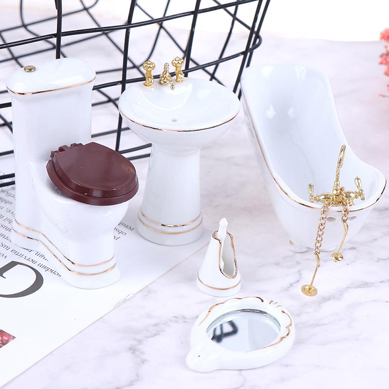 5Pcs 1:12 Dollhouse Miniature Porcelain Bathroom Set Toilet Basin Bathtub Mirror