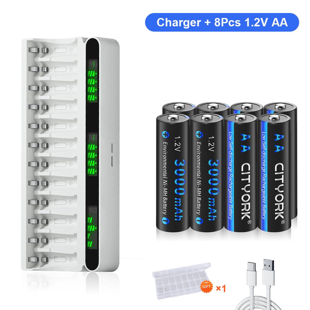 Charger and Battery Combo Kit 12 Slot Smart LCD USB/Type-C Hybrid 1.2V Battery Charger + 1.2V AA/AAA NiMH Rechargeable Battery