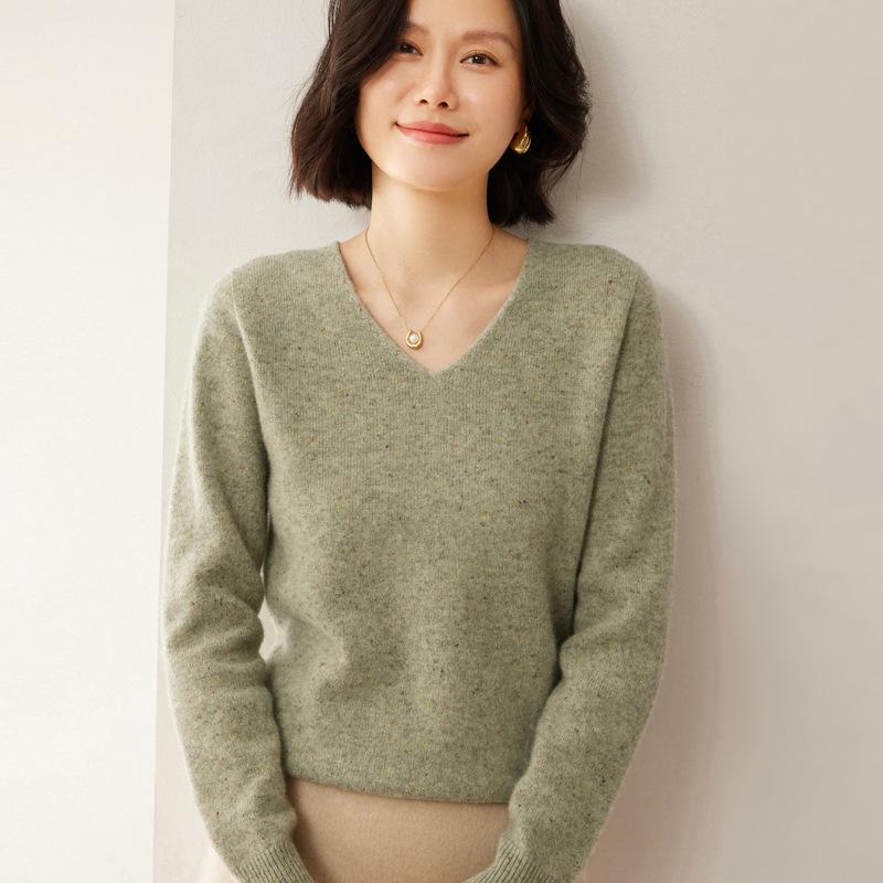 Новый роскошный свитер из 100% чистой шерсти с цветочным узором - женский корейский с V-образным вырезом, плотная и свободная вязка