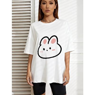 Милая футболка оверсайз с принтом кролика, белая, с мультяшным дизайном мордочки кролика, для повседневной носки и повседневных образов