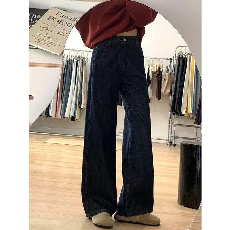 Ретро Джинсы Плюс Сайз Темно-синие Широкие для Женщин - Осень/Зима Драпированные Брюки-швабры