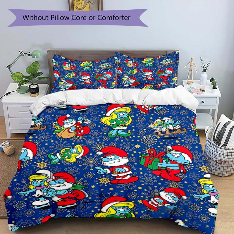 3pcs Duvet Cover Set (1*Duvet Cover + 2*Pillowcase, Without Core), Blue Smurfs Print Bedding Set, Bedroom Decor, All‑Season, Birthday Gift