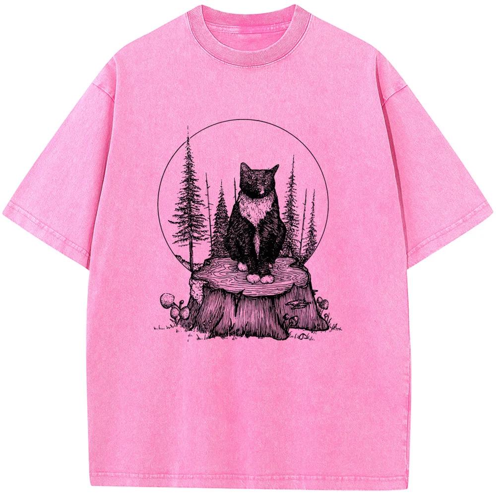 Футболка мужская стираная Forest Cat, летняя хлопковая отбеленная футболка, топы, винтажные свободные отбеленные футболки