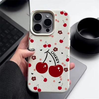 Милый чехол с принтом вишневых цветов, противоударный матовый чехол для iPhone 16 Pro Max 15 14 Pro 13 12 11, кожаная текстура TPU, тонкий мягкий чехол для телефона