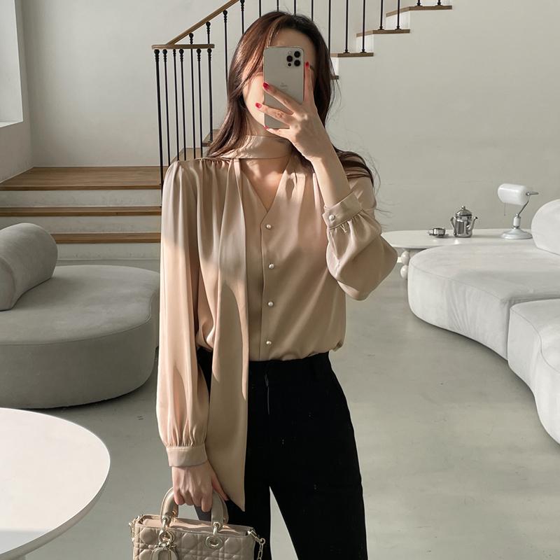 Fashion Long Sleeve Casual Shirt Women Spring and Summer Bow V-neck Solid Button Up Loose Blouses Women Elegant Simple Office Shirt Chic Tops 26436