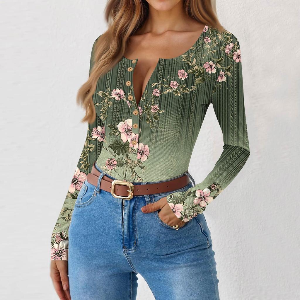 Women's Slim Bottom T-shirt Fashion Casual Gradient Printing Round Neck Pullover Long Sleeve Top