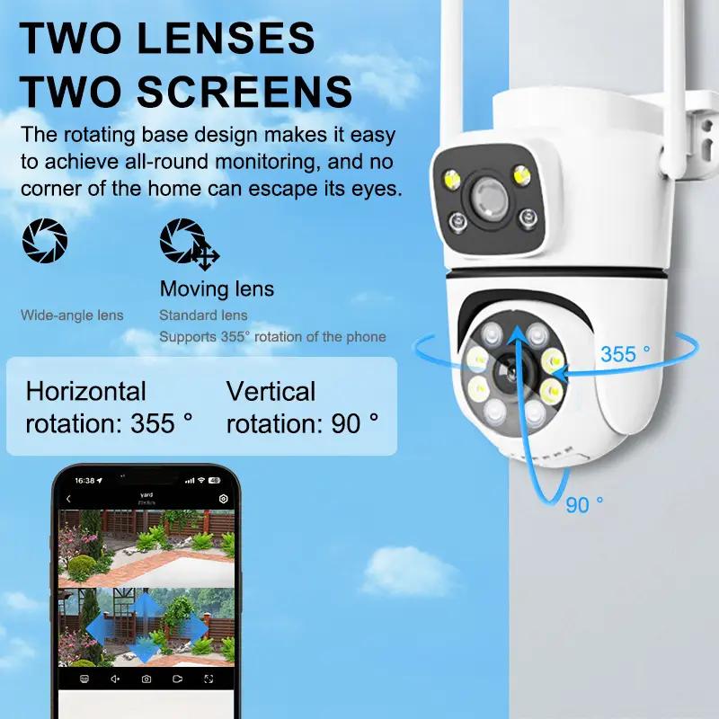 Двухобъективная WiFi камера безопасности и обзор 360°, PTZ отслеживание движения, 8МП защита безопасности IP-камера Двусторонняя аудиосвязь, Полноцветное ночное видение (Порт Type-C)