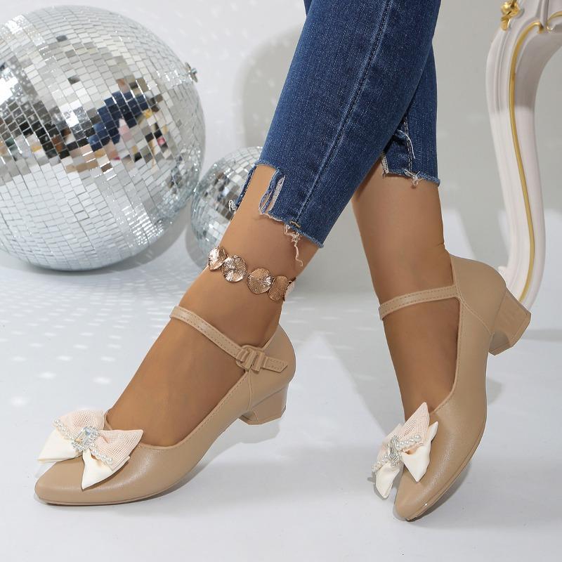 Женская обувь 2024 года, женские туфли на высоком каблуке с пряжкой и ремешком, туфли-лодочки для улицы, женские туфли с завязками, бисером и бантом, с кристаллами, на квадратном каблуке, женские