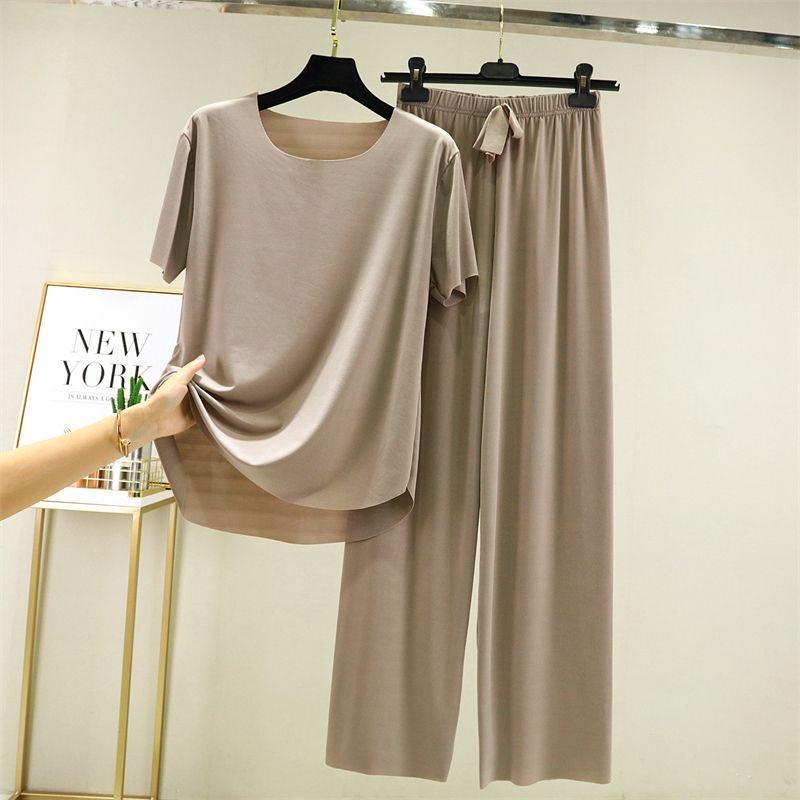 2025 Весна и лето Пижама из ледяного шелка, два предмета, короткие рукава, длинные брюки, цветной, большой размер, дышащий, одежда для отдыха, домашний костюм