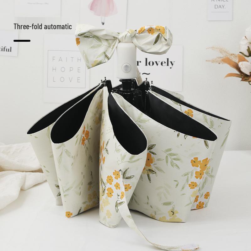 Компактный зонт двойного назначения, солнцезащитный зонт с черным покрытием, желтый цветочный дизайн для солнца и дождя