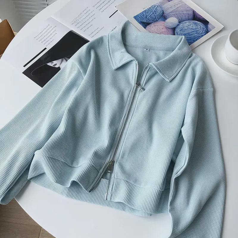 Women's Autumn Cotton Waffle Short Jacket, Korean Style, Loose Fit, Double Zipper Casual Cardigan