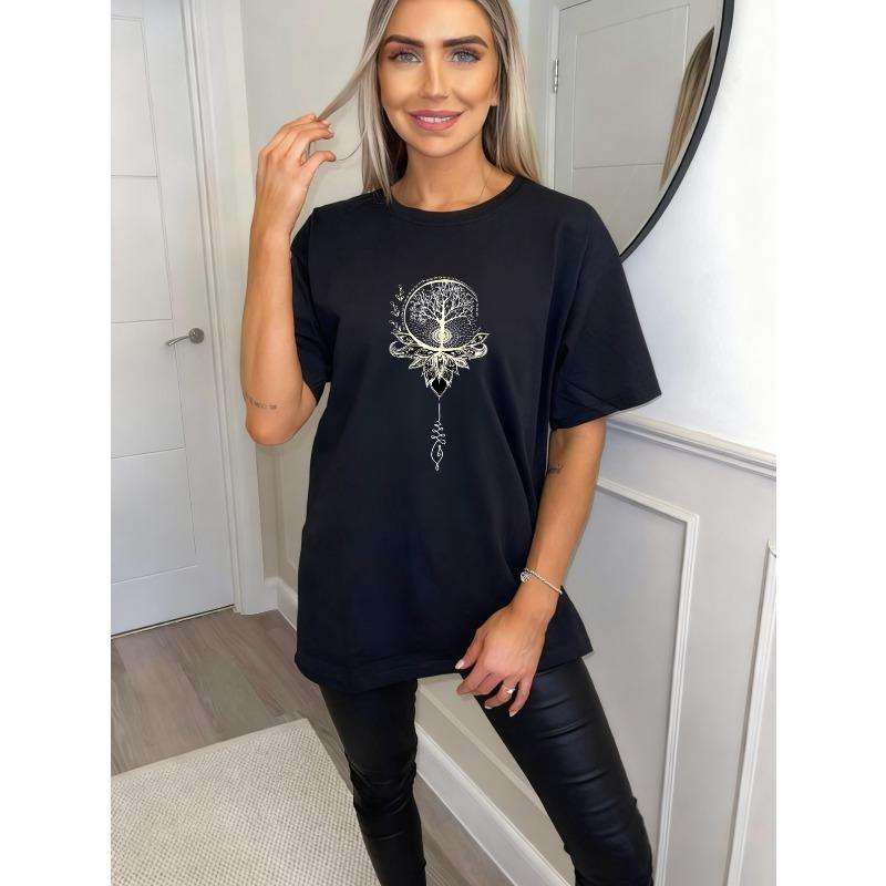 Oversized T Shirt Black Tree Of Life Mandala Design For Yoga And Casual Wear