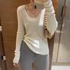 Осень-зима Трикотажный свитер с длинными рукавами U-образный вырез с низкой ключицей Однотонный вязаный свитер Женская тонкая верхняя одежда Корейский облегающий базовый свитер для женщин