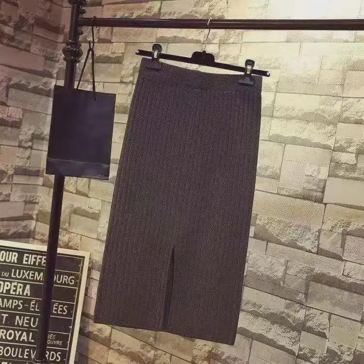 High-Waist Mercerized Cotton Knitted Skirt - Women's Autumn/Winter Slit Midi Skirt